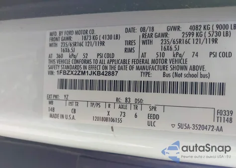 2018 Ford Transit-350 Xl z USA, uszkodzony, nr VIN 1FBZX2ZM1JKB42887